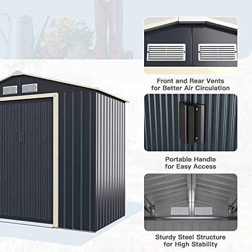 Renatone Outdoor Storage Shed, 7 x 4 FT Galvanized Metal Storage House with 4 Vents & Double Sliding, Steel Utility Tool Shed for Garden, Backyard, Patio