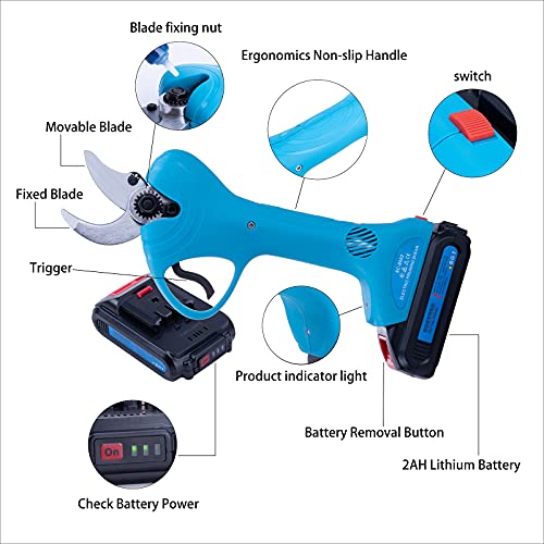 Titanium Alloy High Carbon Steel Battery Powered Blue Electric Pruning Shears 30MM (1.2 inch ) Cutting Diameter ,Blue Electric Garden Shears Scissors Cordless ,Presentation a Pair of Gloves