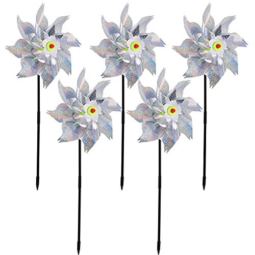 BESPORTBLE 5PCS Bird Blinder Pinwheels Sparkly Holographic Pin Wheel Spinners Scare Off Birds and Pests for Yard and Garden (Silver)