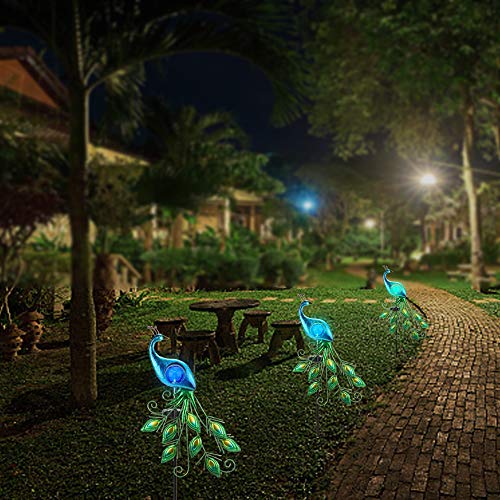 CHINLY Garden Solar Lights Stake, Metal Peacock Decor Solar Garden Lights Solar Peacock Stake for Outdoor Patio Yard Decorations (Blue Lampshade)