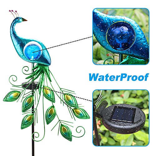 CHINLY Garden Solar Lights Stake, Metal Peacock Decor Solar Garden Lights Solar Peacock Stake for Outdoor Patio Yard Decorations (Blue Lampshade)