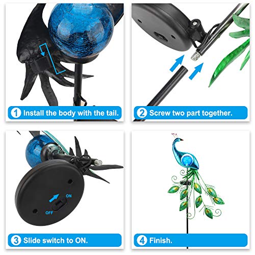 CHINLY Garden Solar Lights Stake, Metal Peacock Decor Solar Garden Lights Solar Peacock Stake for Outdoor Patio Yard Decorations (Blue Lampshade)