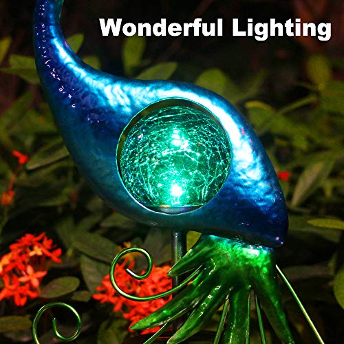 CHINLY Garden Solar Lights Stake, Metal Peacock Decor Solar Garden Lights Solar Peacock Stake for Outdoor Patio Yard Decorations (Blue Lampshade)