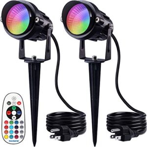 sunvie rgb outdoor led spotlight 6w color changing landscape lights 120v spot lights outdoor plug in with remote control, waterproof landscape lighting for garden yard tree patio decorative, 2 pack