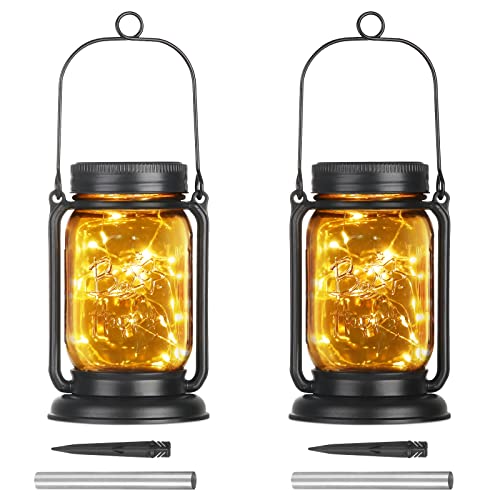 Solar Lanterns Outdoor Waterproof Hanging Mason Jar Solar Lights with 30 Led Lights,Retro Garden Solar Table Lights for Patio Yard Lawn and Christmas DIY Decorations (Solar Lantern 2 Pack)