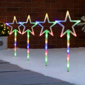 solar christmas star lights outdoor pathway markers , set of 4 pre-lit xmas star decoration stake for path, yard, lawn, garden, landscape