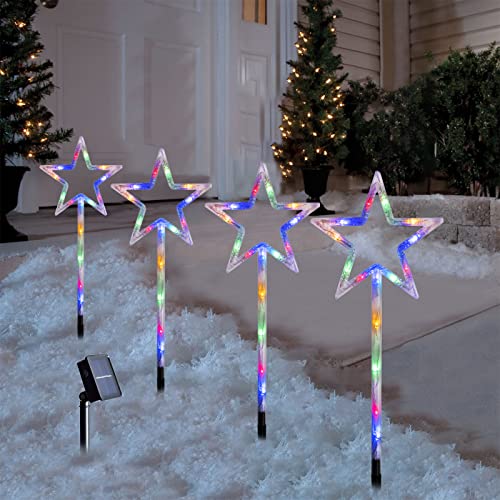 Solar Christmas Star Lights Outdoor Pathway Markers , Set of 4 Pre-lit Xmas Star Decoration Stake for Path, Yard, Lawn, Garden, Landscape