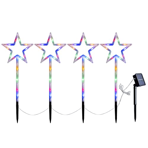 Solar Christmas Star Lights Outdoor Pathway Markers , Set of 4 Pre-lit Xmas Star Decoration Stake for Path, Yard, Lawn, Garden, Landscape