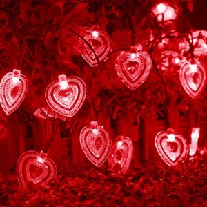 wonfast solar heart string lights, waterproof 20ft 30led heart-shaped 8 mode solar starry wedding party ambiance lighting fairy lights for outdoor garden home christmas valentine’s day decor(red)