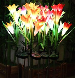 solar flower lights outdoor waterproof, bootop 4 pack solar garden stake lights with 16 lily flowers, solar flowers, solar lily flower lights for garden yard pathway decoration