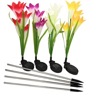 Solar Flower Lights Outdoor Waterproof, BOOTOP 4 Pack Solar Garden Stake Lights with 16 Lily Flowers, Solar Flowers, Solar Lily Flower Lights for Garden Yard Pathway Decoration