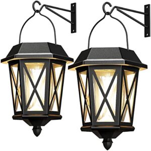 teklaps solar wall lantern lights 2 pack,outdoor hanging solar lights decoration,anti-rust & waterproof stainless wall lights,powder coat black + uv protection with glass lampshade,3000k warm
