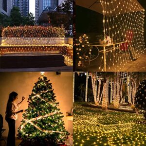 Christmas Net Lights with Remote, 198 LED 9.8ft x 6.6ft Outdoor Mesh String Lights Waterproof, 8 Modes Connectable Xmas Decorations for Bushes Tree Garden Wedding (White Wire, Warm Light)