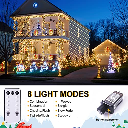 Christmas Net Lights with Remote, 198 LED 9.8ft x 6.6ft Outdoor Mesh String Lights Waterproof, 8 Modes Connectable Xmas Decorations for Bushes Tree Garden Wedding (White Wire, Warm Light)