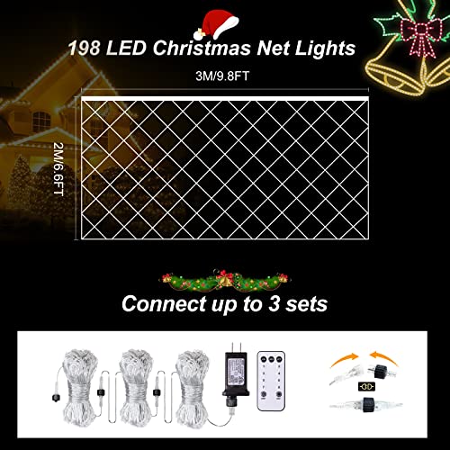 Christmas Net Lights with Remote, 198 LED 9.8ft x 6.6ft Outdoor Mesh String Lights Waterproof, 8 Modes Connectable Xmas Decorations for Bushes Tree Garden Wedding (White Wire, Warm Light)