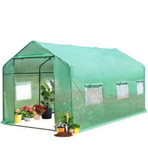 avawing large outdoor greenhouse, 15x7x7 ft walk in greenhouse tunnel with heavy duty galvanized steel frame, zippered door & 8 roll-up windows green houses for outside garden plant, green