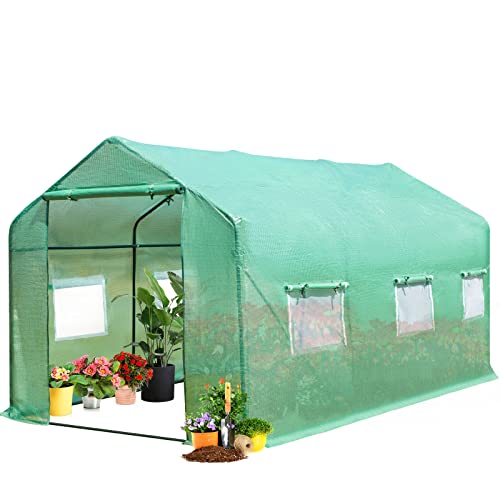 AVAWING Large Outdoor Greenhouse, 15x7x7 ft Walk in Greenhouse Tunnel with Heavy Duty Galvanized Steel Frame, Zippered Door & 8 Roll-up Windows Green Houses for Outside Garden Plant, Green