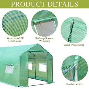 AVAWING Large Outdoor Greenhouse, 15x7x7 ft Walk in Greenhouse Tunnel with Heavy Duty Galvanized Steel Frame, Zippered Door & 8 Roll-up Windows Green Houses for Outside Garden Plant, Green