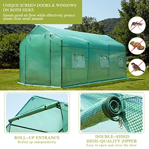 AVAWING Large Outdoor Greenhouse, 15x7x7 ft Walk in Greenhouse Tunnel with Heavy Duty Galvanized Steel Frame, Zippered Door & 8 Roll-up Windows Green Houses for Outside Garden Plant, Green