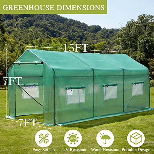 AVAWING Large Outdoor Greenhouse, 15x7x7 ft Walk in Greenhouse Tunnel with Heavy Duty Galvanized Steel Frame, Zippered Door & 8 Roll-up Windows Green Houses for Outside Garden Plant, Green