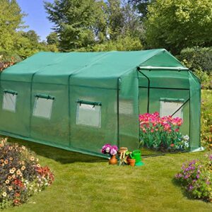 AVAWING Large Outdoor Greenhouse, 15x7x7 ft Walk in Greenhouse Tunnel with Heavy Duty Galvanized Steel Frame, Zippered Door & 8 Roll-up Windows Green Houses for Outside Garden Plant, Green