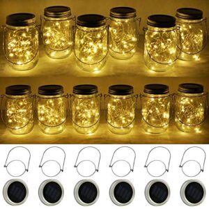 decorman solar mason jar lights, 6 pack waterproof fairy star firefly lids string lights with 6 hangers for patio yard garden party wedding christmas(jars not included)