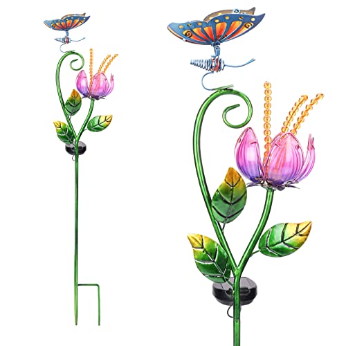 Glass Flower and Butterfly Solar Garden Stake Light Waterproof Solar Pathway Light Outdoor Garden Decor Light for Walkway Pathway Lawn Patio