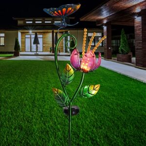 Glass Flower and Butterfly Solar Garden Stake Light Waterproof Solar Pathway Light Outdoor Garden Decor Light for Walkway Pathway Lawn Patio