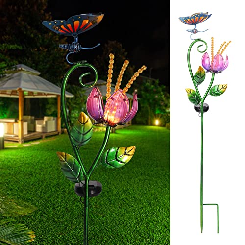 Glass Flower and Butterfly Solar Garden Stake Light Waterproof Solar Pathway Light Outdoor Garden Decor Light for Walkway Pathway Lawn Patio