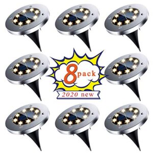 solar ground lights, upgraded outdoor garden waterproof bright in-ground lights for lawn pathway yard driveway, producing more light with 8 led warm white lights
