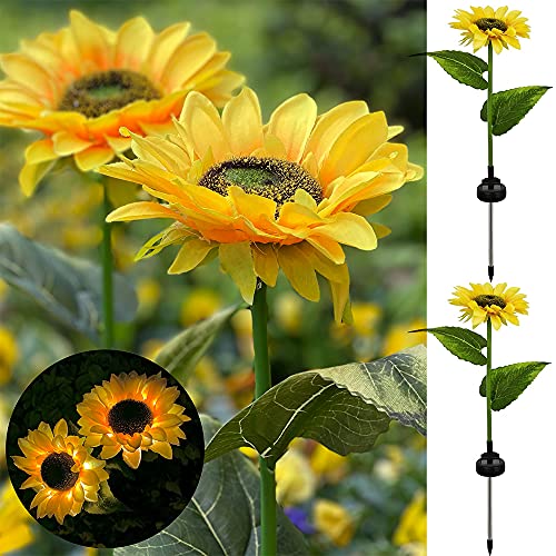 GONIMY Sunflower Solar Garden Lights Outdoor Decor, Waterproof Landscape LED Lamp, Realistic Metal Flowers for Courtyard Pathway Garden Patio Yard Pool (2 Pack) (Sunflower)