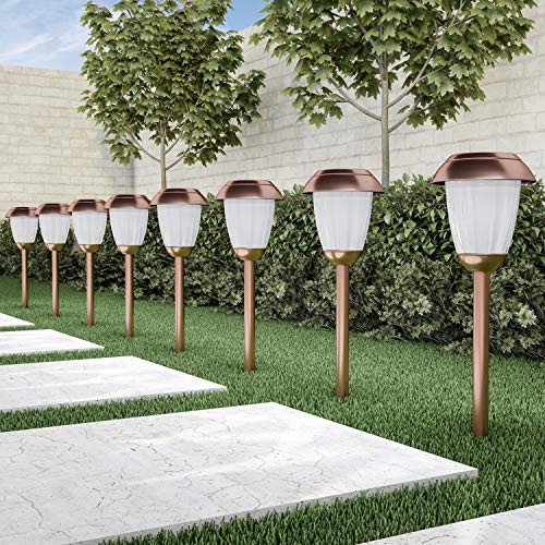 Pure Garden Solar Path Lights, Set of 8-16” Tall Stainless Steel Outdoor Stake Lighting for Garden, Landscape, Yard, Driveway, Walkway (Copper)