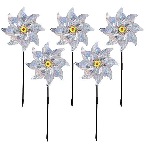 BESPORTBLE 5Pcs Reflective Pinwheels Bird Blinder Pinwheels Pinwheel Bird Deterrent Silver Holographic Windmills Keep Birds Away for Farm Garden Yard