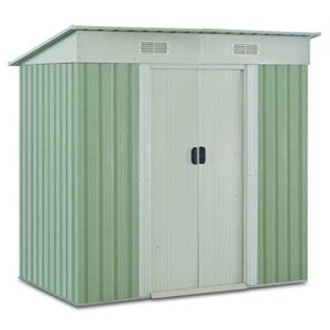 goplus garden storage shed galvanized steel outdoor heavy duty tool house w/sliding door, 4 x 6.2 ft (green)