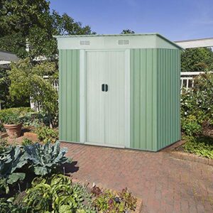 Goplus Garden Storage Shed Galvanized Steel Outdoor Heavy Duty Tool House w/Sliding Door, 4 x 6.2 Ft (Green)