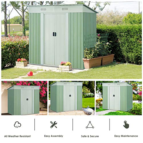 Goplus Garden Storage Shed Galvanized Steel Outdoor Heavy Duty Tool House w/Sliding Door, 4 x 6.2 Ft (Green)