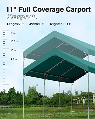 FINFREE 10 x 20 ft Heavy Duty Carport Car Canopy, Garage Shelter for Outdoor Party, Birthday, Garden, Boat, Adjustable Height from 9.5 ft to 11 ft,Green