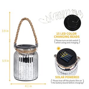 Hanging Solar Lantern Lights Outdoor 2 Pack,20 LED Solar Mercury Glass Mason Jar Hanging Lights Waterproof for Tree, Table, Yard, Garden, Patio, Holiday Party Outdoor Decor, Color Changing