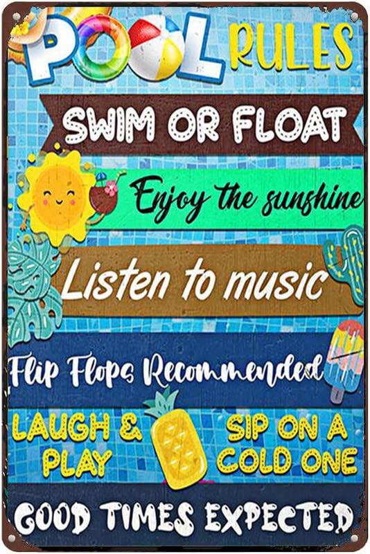 Pool Rules Swim Or Float Enjoy The Sunshine Funny Metal Tin Sign 12x16 Inch for Home Swimming Pool River Beach Farmhouse Garden Outdoor Funny Wall Decor