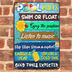 Pool Rules Swim Or Float Enjoy The Sunshine Funny Metal Tin Sign 12x16 Inch for Home Swimming Pool River Beach Farmhouse Garden Outdoor Funny Wall Decor