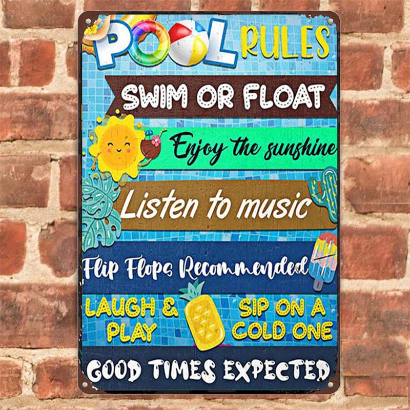 Pool Rules Swim Or Float Enjoy The Sunshine Funny Metal Tin Sign 12x16 Inch for Home Swimming Pool River Beach Farmhouse Garden Outdoor Funny Wall Decor