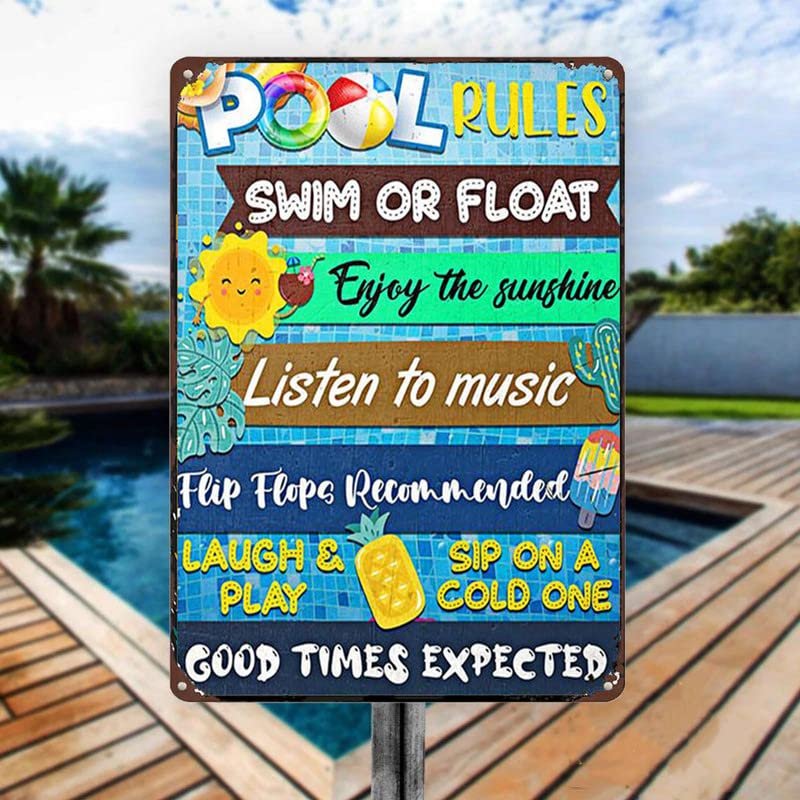 Pool Rules Swim Or Float Enjoy The Sunshine Funny Metal Tin Sign 12x16 Inch for Home Swimming Pool River Beach Farmhouse Garden Outdoor Funny Wall Decor