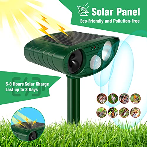 Ultrasonic Cat Deterrent, Solar Powered Deterrent Device with Motion Sensor and Flashing Light, Waterproof Device for Farm, Garden, Yard, Dogs, Birds