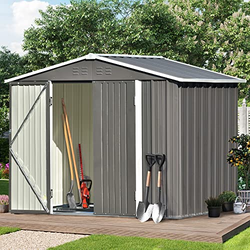 Danxee Outdoor Storage Shed 8x6 FT, Metal Garden Shed with Vents for Bike, Garbage Can, Tool, Lawnmower, Outside Sheds & Outdoor Storage Galvanized Steel with Lockable Door (Gray)