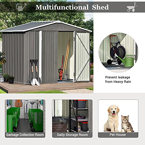 Danxee Outdoor Storage Shed 8x6 FT, Metal Garden Shed with Vents for Bike, Garbage Can, Tool, Lawnmower, Outside Sheds & Outdoor Storage Galvanized Steel with Lockable Door (Gray)