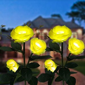 solar garden decorations, 2 pack 6 solar lights outdoor decorative with exquisite rose flowers, garden lights solar powered waterproof, solar flower lights for patio, pathway, yard decoration (yellow)
