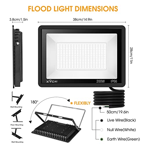 XYCN 200W LED Flood Light 2 Pack, 22500lm Super Bright Security Lights, IP66 Waterproof Outdoor Flood Light, 5000K Daylight White Floodlight for Yard, Garden,Basketball Court, Arena