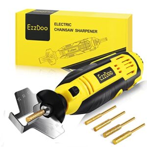EzzDoo Electric Chainsaw Sharpener Kit with TITANIUM-PLATED Diamond Bits - High-Speed Chain saw Sharpener Tool and 4 Sizes High Hardness Sharpening Wheels For All Chainsaw Chains