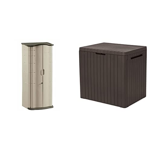 RubbermaidRubbermaid Vertical Resin Weather Resistant Outdoor Storage Shed, 2x2.5 ft, Olive and Sandstone & Keter City 30 Gallon Resin Deck Box for Patio Furniture, Pool Accessories, and Storage