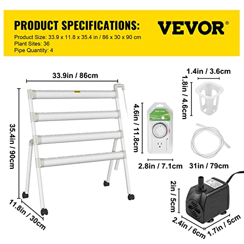 VEVOR Hydroponics Growing System, 36 Sites 4 Pipes Hydroponic System, 4 Layers Hydroponic Kit, Vertical Hydroponic Growing System with Water Pump, Pump Timer, Nest Basket, Sponge for Fruit Vegetables